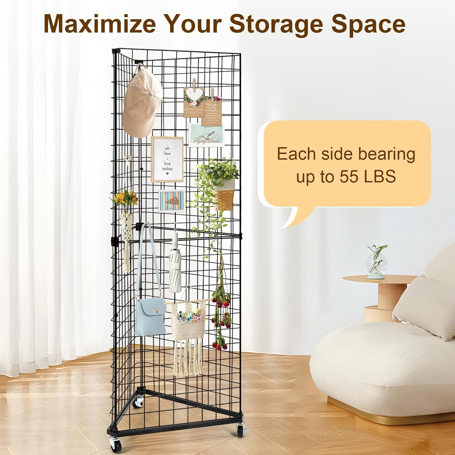 GADFISH Triangular Gridwall Panel Display Stand, Black Triangle Wire Grid Tower with Base and Casters, 24' x 68' Rolling Grid Wall, Panel Stand for Home Organization, Retail, Trade Show, Vendor