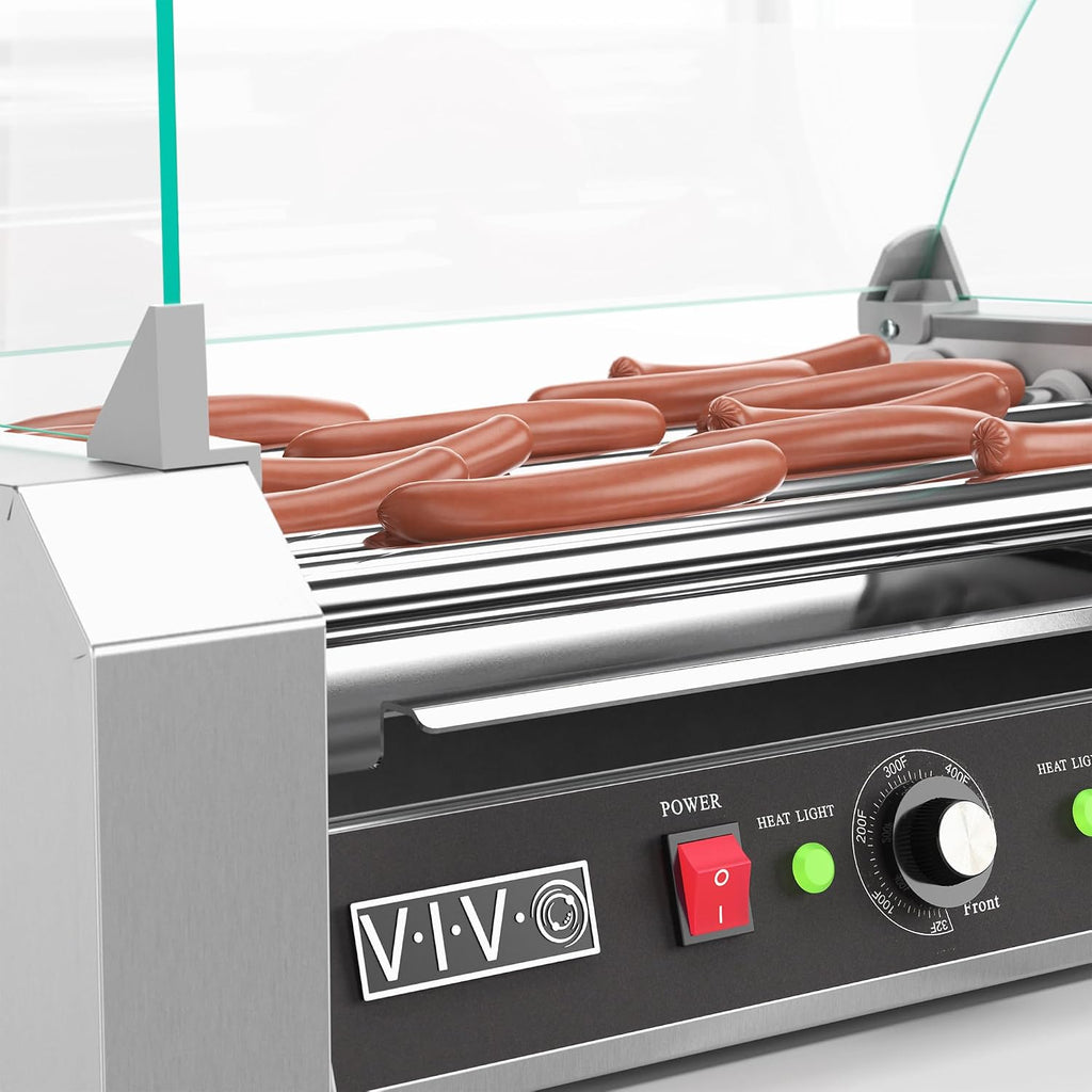 VIVO Electric 18 Hot Dog 7 Roller Grill Warmer, Stainless Steel, Commercial and Household 900W Machine with Cover, HOTDG-V207