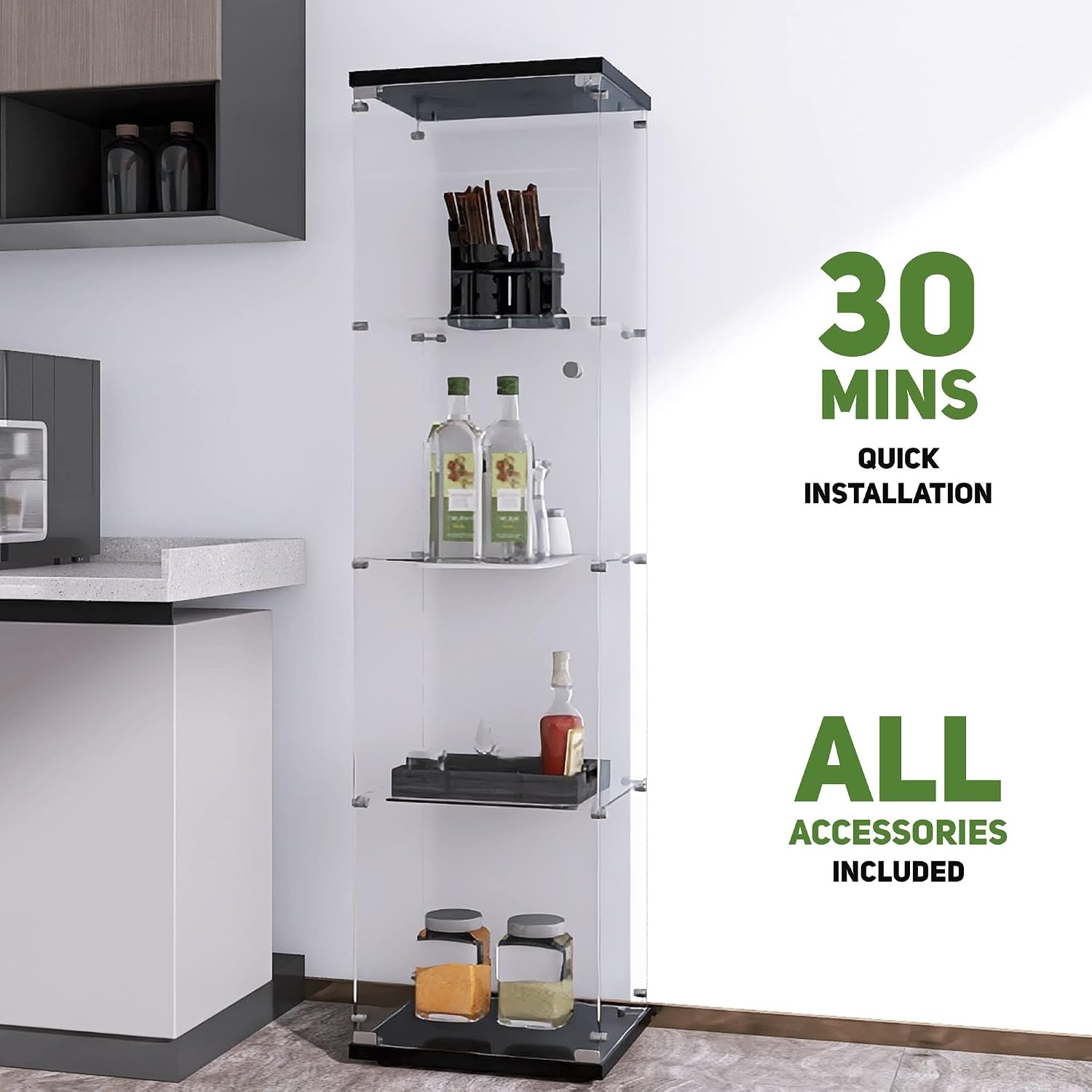 Beauty4U Glass Display Cabinet with 4 Shelves, Curio Cabinets for Living Room, Bedroom, Office, Black Floor Standing Glass Bookshelf, Quick Installation