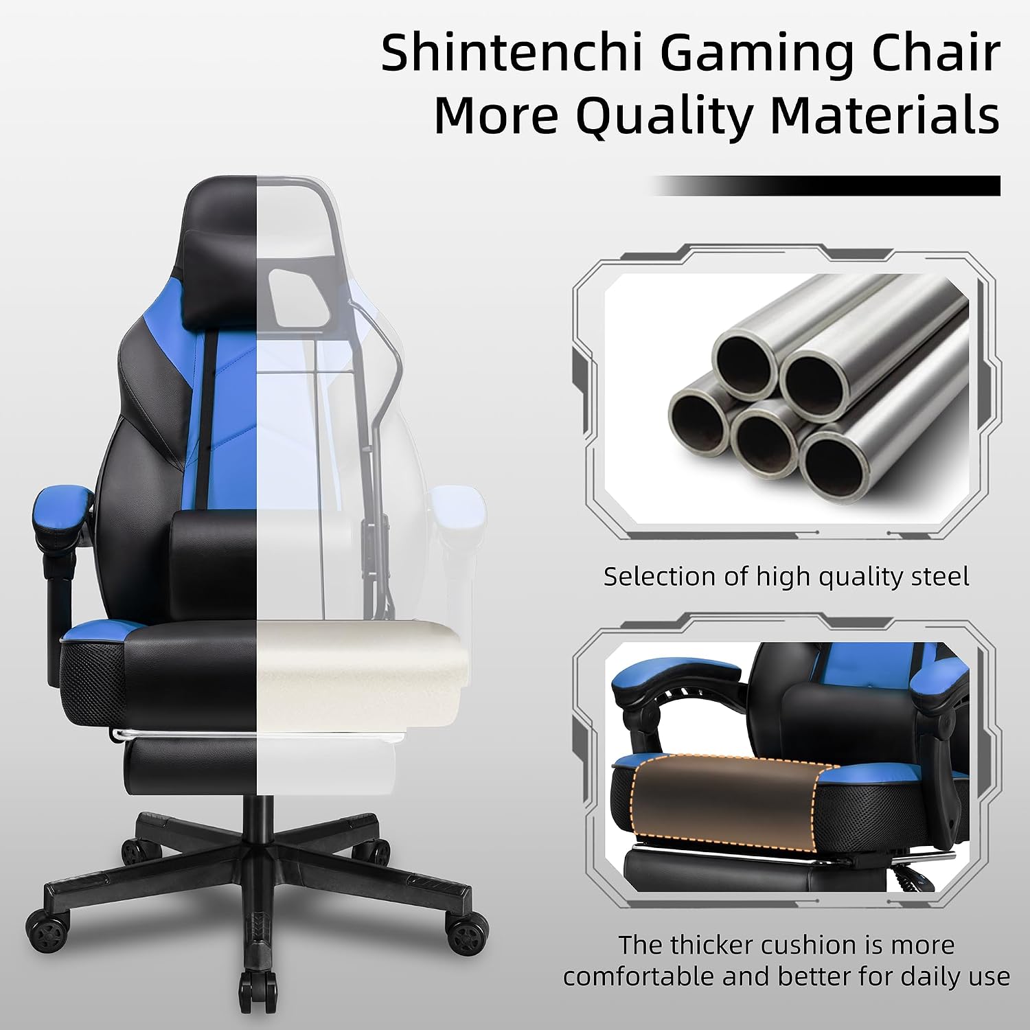 Shintenchi Gaming Chair,Video Game Chair with footrest and Massage Lumbar Support,Height Adjustable Game Chair with 360°Swivel Seat Ergonomic Computer Chair with Headrest for Office or Gaming(Blue)