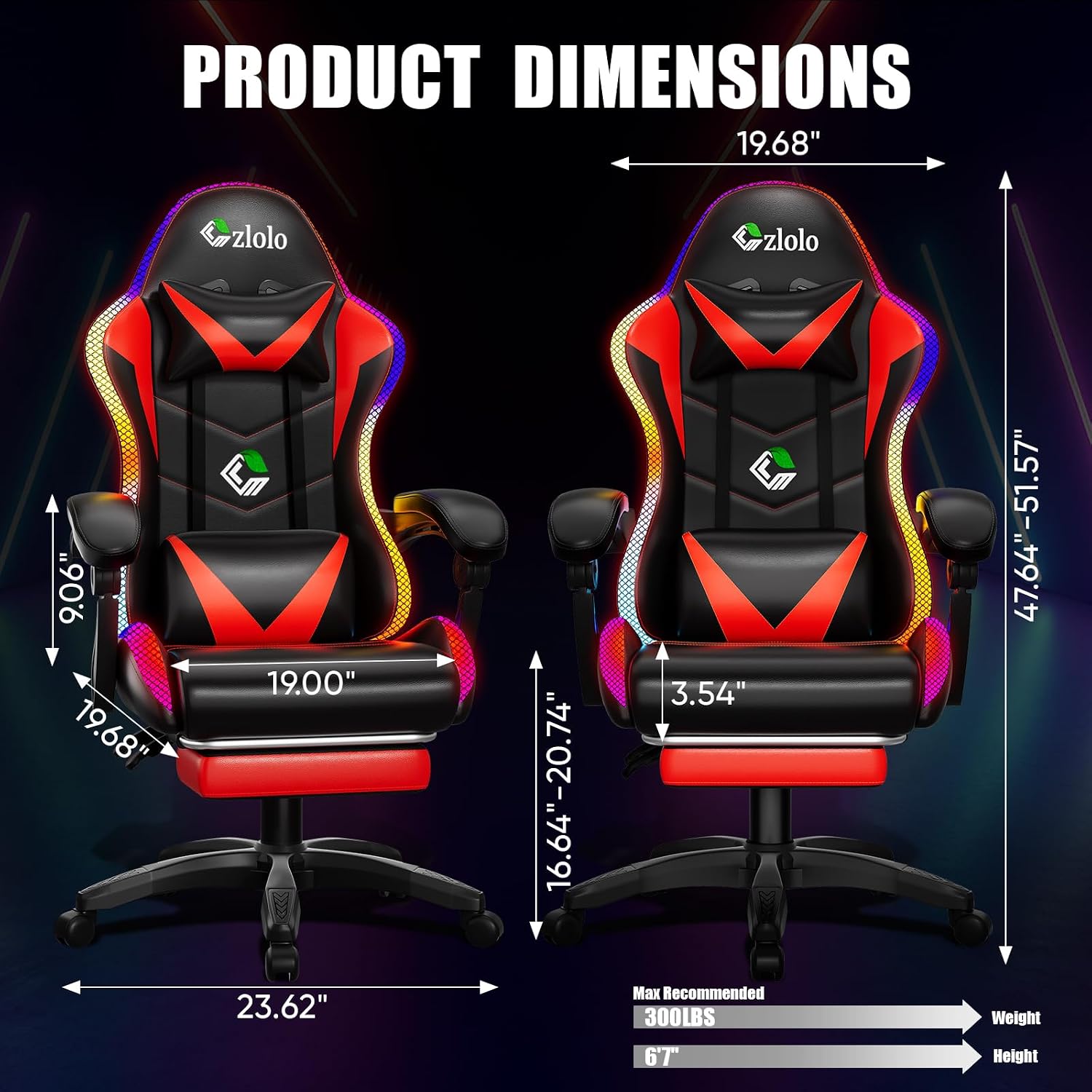Czlolo Gaming Chair, Racing Style RGB LED Lights Gaming Chairs for Adults and Kids, Lumbar Massager Gamer Chair, High Back Reclining Computer Chair with Footrest and Headrest (Black/Red)