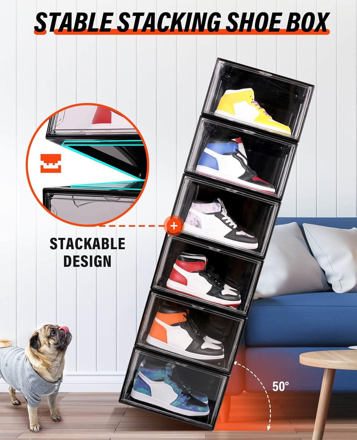 KDOR Shoe Boxes Clear Plastic Stackable 10 Pack Sneaker Storage Boxes with Magnetic Door, Acrylic Display Case, Strong and Sturdy Fit Shoe Size Up to US 15