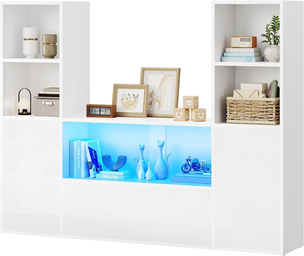 YITAHOME Castle Bookcase with Storage & Adjustable LED Lights, U-Shaped White Bookshelf with Cabinet, UV High-Gloss Display Unit, Cube Organizer for Living Room, Home Office and Bedroom