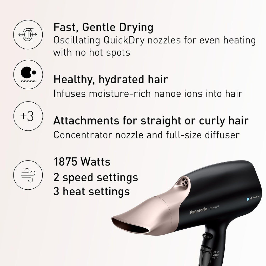 Panasonic Nanoe Salon Hair Dryer with Oscillating QuickDry Nozzle, Diffuser & Concentrator Attachments, 3 Heat & 2 Speed Settings, Japanese Technology for All Hair Types – EH-ANA6HN (Black/Pink Gold)