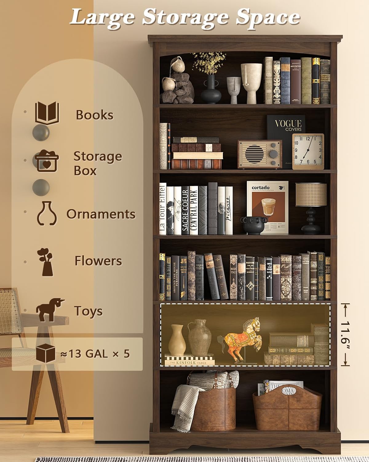 TVU 6-Tier Wooden Bookshelf, 76 Inch Tall Bookshelf with Storage, Floor Standing Modern Style Display Bookcase for Living Room, Office, Study Room, Entryway, Brown