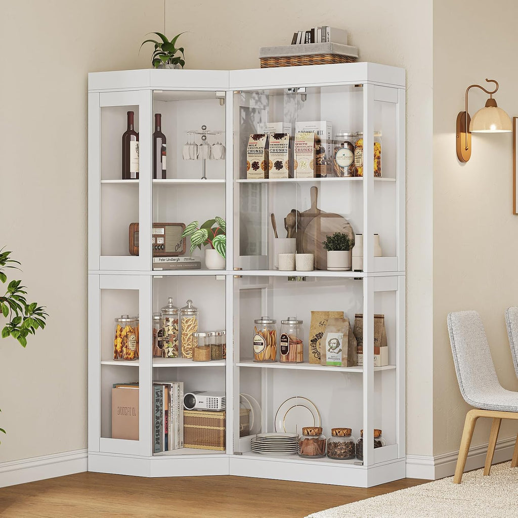 70.1' Large Corner Cabinet with Glass Doors,4 Tiers L-Shaped Storage Cabinet with 8 Shelves & Top Guard Rail，Corner Bookshelf for Living Room, Office, Kitchen，White