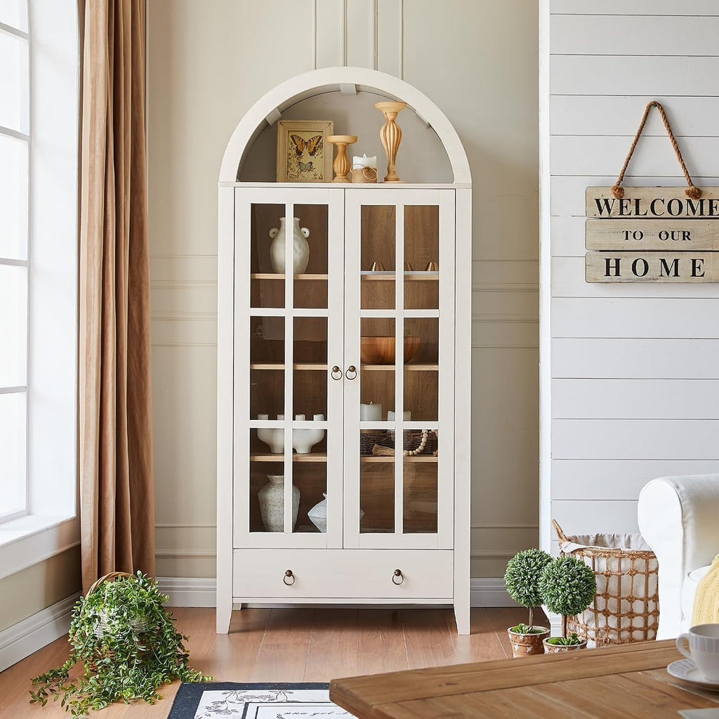 RowyPoey Farmhouse Arched Cabinet with Glass Doors, Wood Display Cabinet with Drawer and Adjustable Shelves, 71' Tall Bookshelf Modern Storage Kitchen Pantry for Living Room,Office (Antique White)