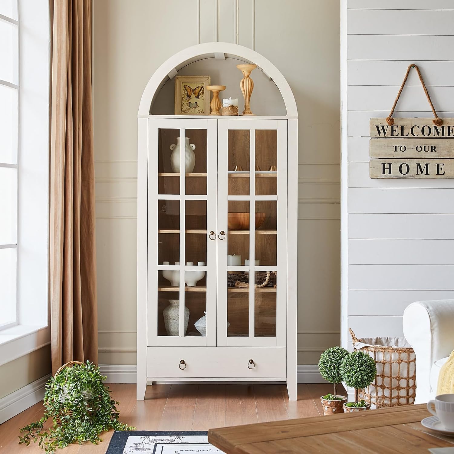 RowyPoey Farmhouse Arched Cabinet with Glass Doors, Wood Display Cabinet with Drawer and Adjustable Shelves, 71' Tall Bookshelf Modern Storage Kitchen Pantry for Living Room,Office (Antique White)