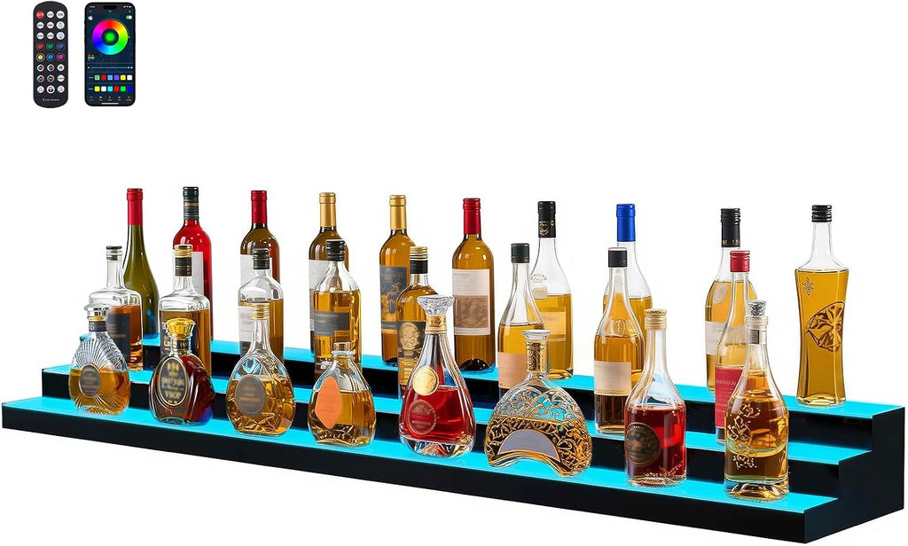 VEVOR LED Lighted Liquor Bottle Display, 3 Tier 70 Inch, Illuminated Home Bar Shelf with RF Remote & App Control, 7 Static Colors, Acrylic Lighted Whiskey Shelf for 52 Bottles, Powered by Adapter Only