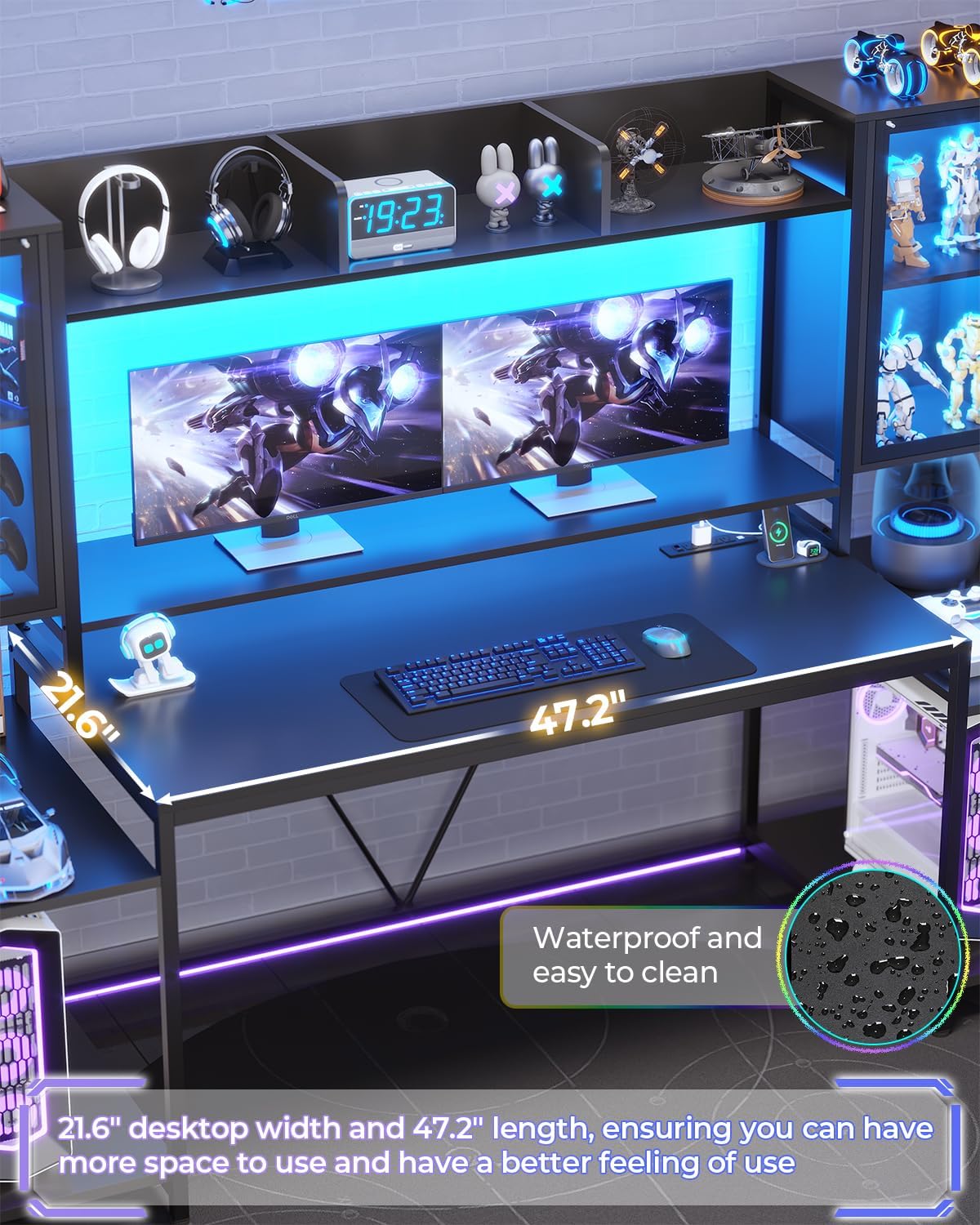 SEDETA Gaming Desk 74.8'' with LED Lights, Hutch and Storage Shelves, Computer Desk with Monitor Stand, Large PC Gamer Desk Workstation, Ergonomic Gaming Table for Bedroom, Living Room, Black
