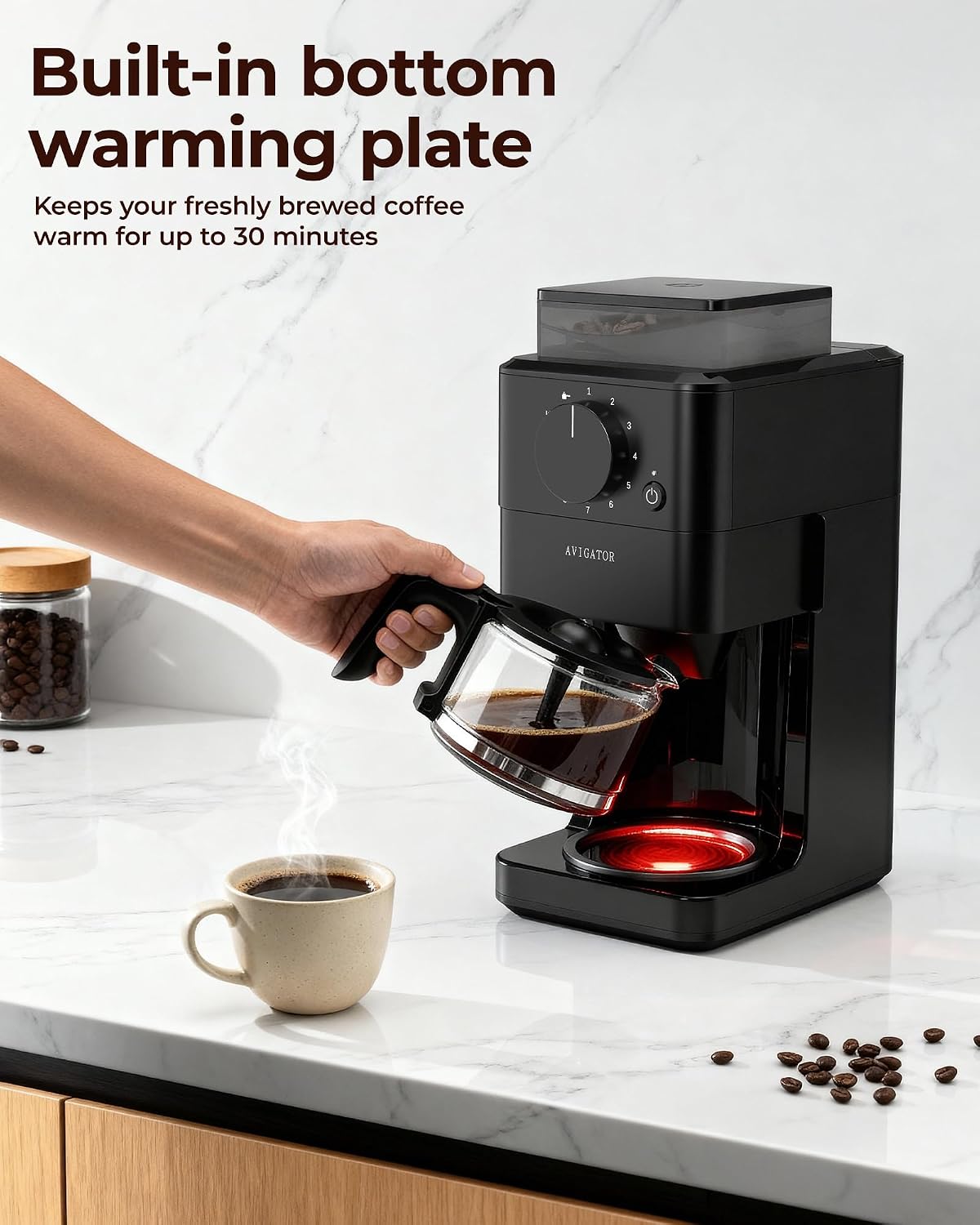 10 Cup Coffee Maker with Grinder Built in, Automatic Grind and Brew Coffee Machine with Glass carafe, Reusable Filter, Auto shut off, Warming plate, for Home Offices or Large Families, Black