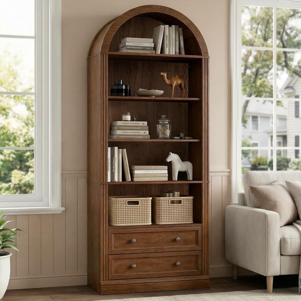 RALGEND Farmhouse Arched Bookshelf, 7 Tiers Arch Bookcase with 2 Spacious Drawers, Modern Book Shelf with Open Display Shelves and Storage Cabinet, for Office, Living Room, Kitchen, Walnut