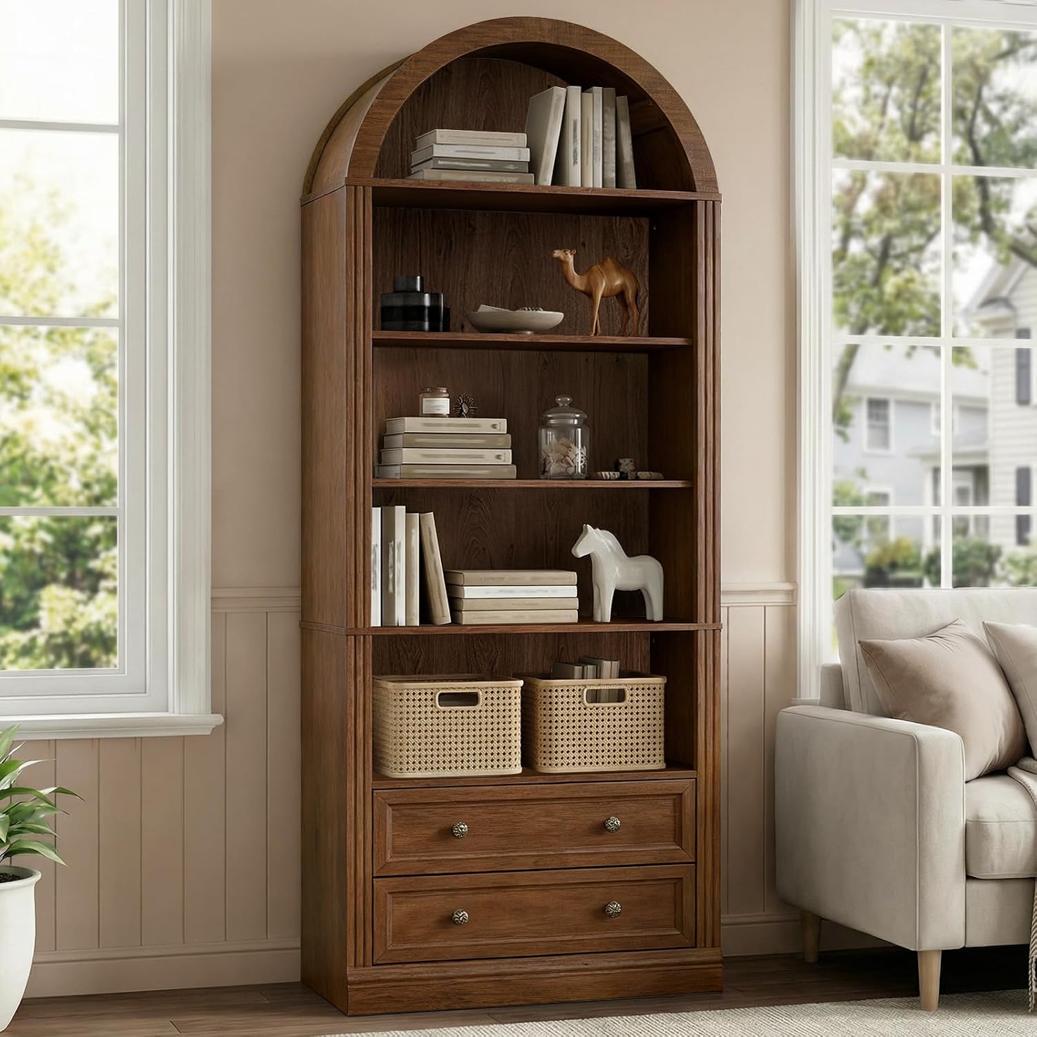 RALGEND Farmhouse Arched Bookshelf Set of 2, 7 Tiers Arch Bookcase with 2 Spacious Drawers, Modern Book Shelf with Open Display Shelves and Storage Cabinet, for Office, Living Room, Kitchen, Walnut