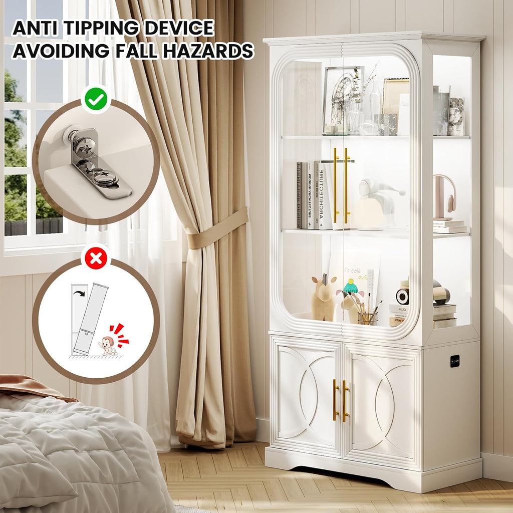 Lareth Display Cabinet with Glass Doors, 69 in Tall Bookcase with LED Lights, Glass Display Case Kitchen Pantry Cabinet, 5 Tier Curio Storage Cabinet for Living Room, Home Office, White