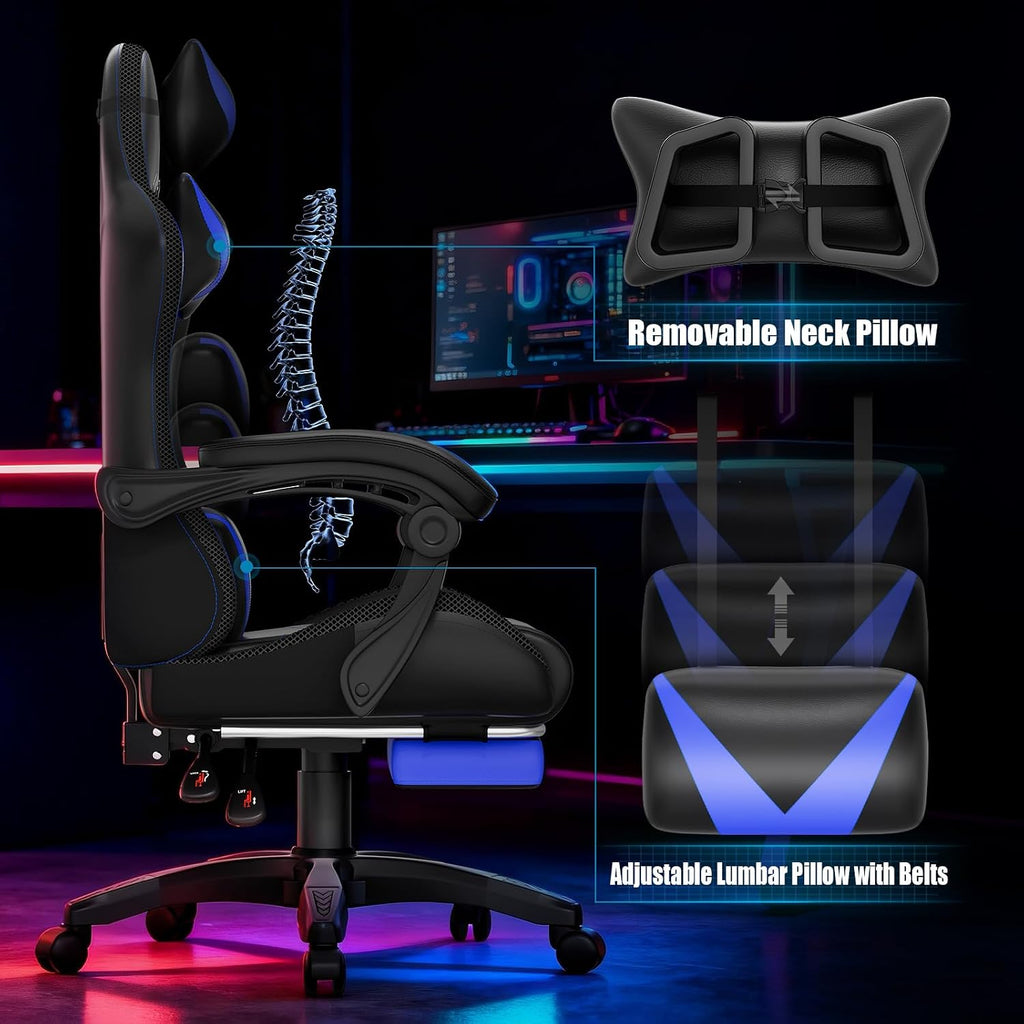 Czlolo Gaming Chair, Racing Style RGB LED Lights Gaming Chairs for Adults and Kids, Lumbar Massager Gamer Chair, High Back Reclining Computer Chair with Footrest and Headrest (Black/Blue)