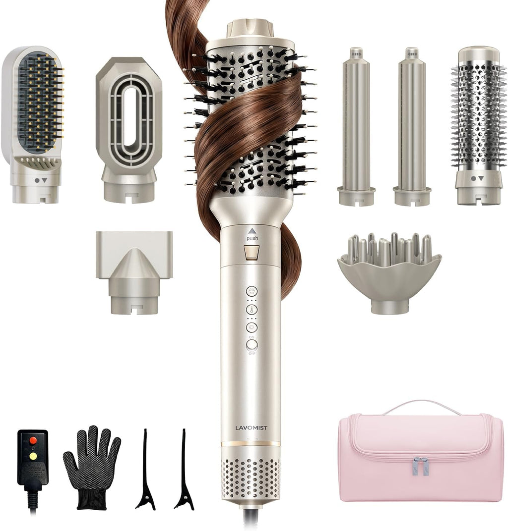 9-in-1 Dual Voltage Hot Air Styler & Hair Dryer Brush (100-240V) with Straightener & Curler Attachments, 110,000 RPM Ionic Fast Drying for Frizz-Free Styling, Gifts for Mom Women
