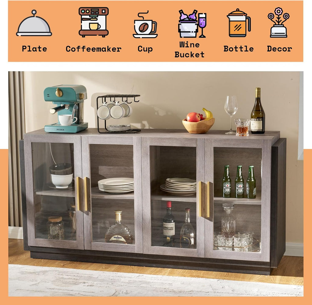 AMERLIFE Sideboard Buffet Cabinet with LED Lights, Mixed Color Accent Cabinet with Glass Doors and Adjustable Shelf, Hallway Storage Cabinets Console Table for Living Room, Dining Room, Black and Gray