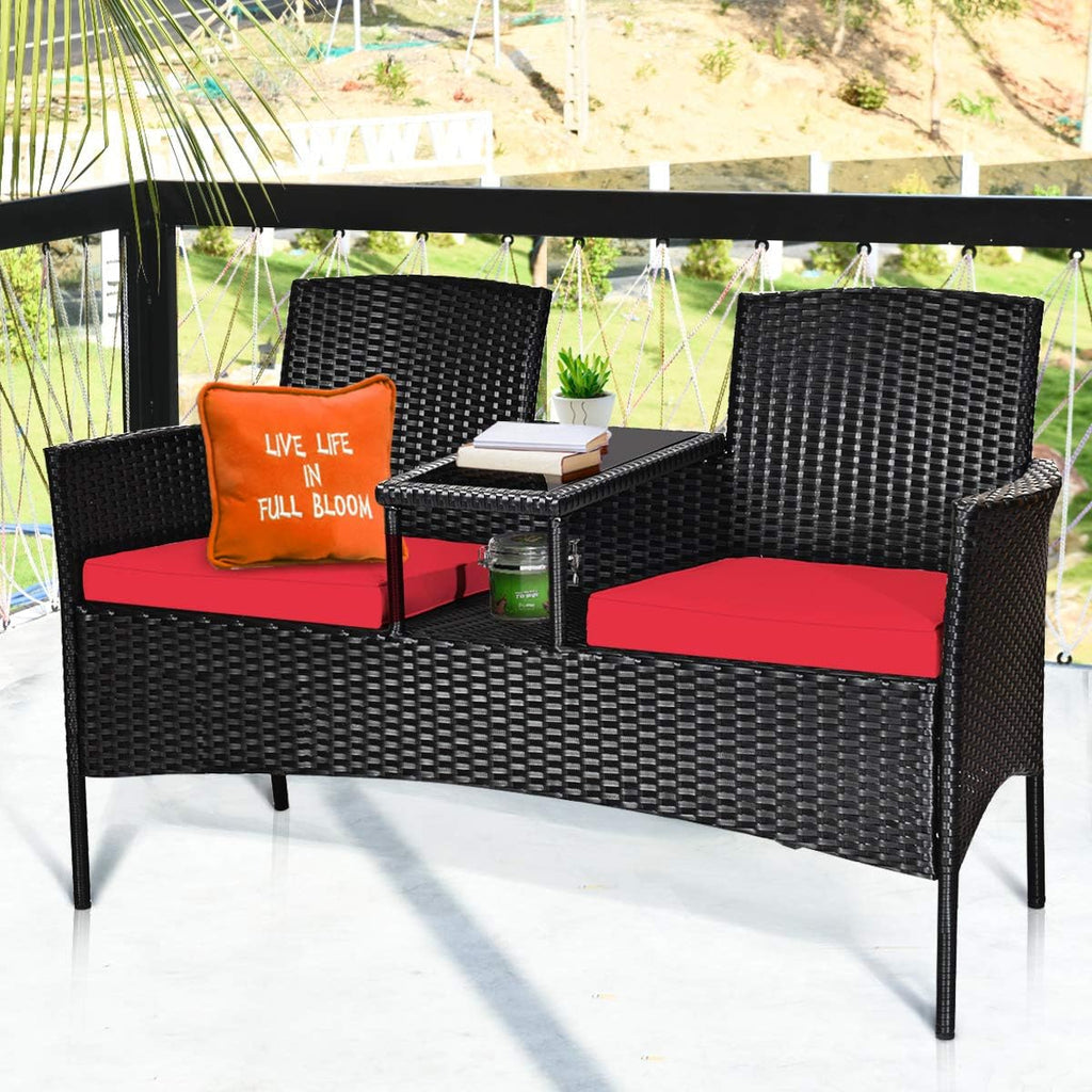 Tangkula Wicker Patio Conversation Furniture Set, Outdoor Furniture Set with Removable Cushions & Table, Tempered Glass Top, Modern Rattan Bench for Garden Lawn Backyard