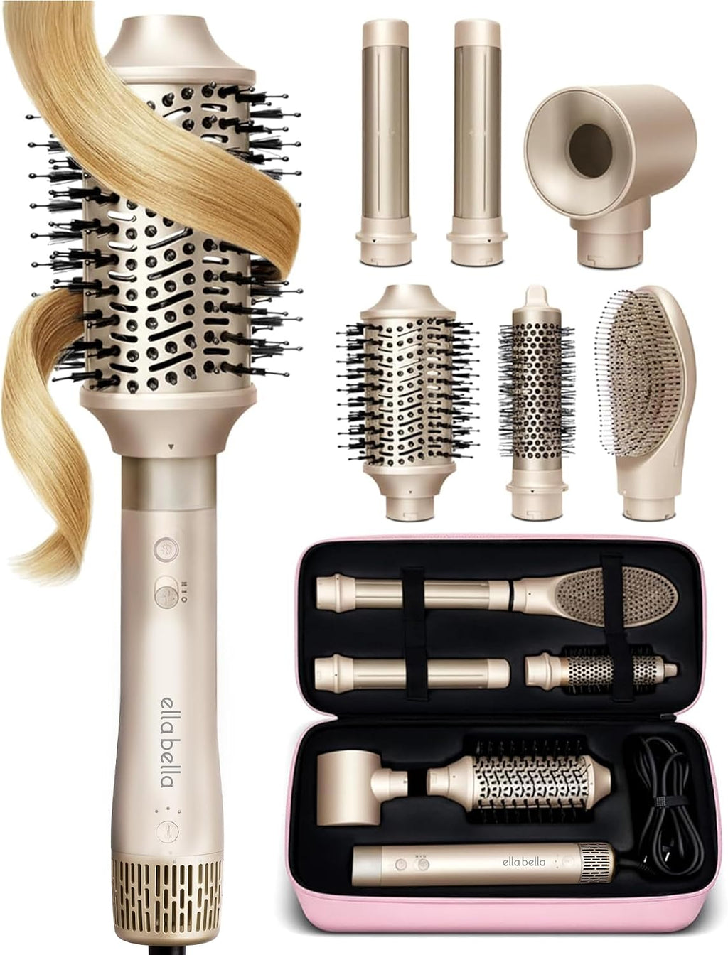 ELLA BELLA® 6 in 1 Professional Hot Air Styler • Powerful Hair Dryer & Straightener Set • Styling Without Heat Damage • Fast Drying Curling Volumizing Straightening • Includes Protective Travel Case