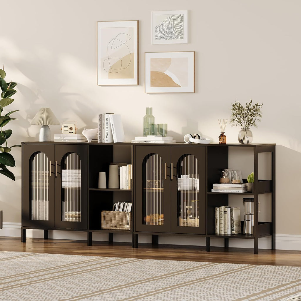 GarveeLife Modern Black Sideboard with Glass Doors, Featuring Adjustable Interior Shelves and Sleek Metal Handles, Versatile Storage Cabinet for Dining Room or Kitchen Display