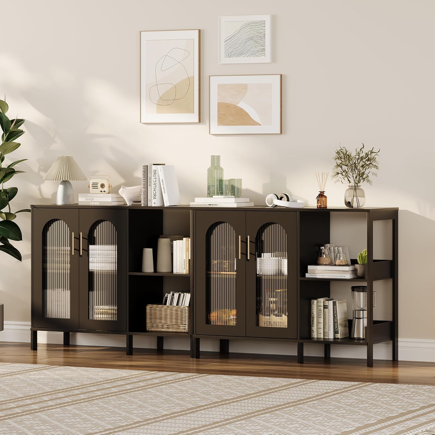 GarveeLife Modern Black Sideboard with Glass Doors, Featuring Adjustable Interior Shelves and Sleek Metal Handles, Versatile Storage Cabinet for Dining Room or Kitchen Display