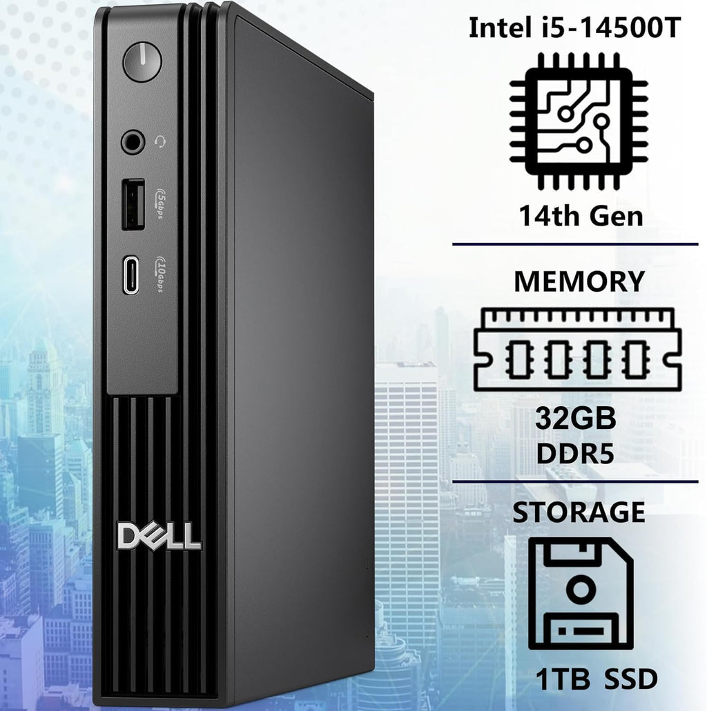 Dell OptiPlex Next-Generation, Pro Micro Business Desktop, Intel i5-14500T, 14-Core, up to 4.8 GHz, 32GB DDR5 RAM, 1TB NVMe SSD, WiFi 6E, Bluetooth, Windows 11 Pro, HDMI, DisplayPort