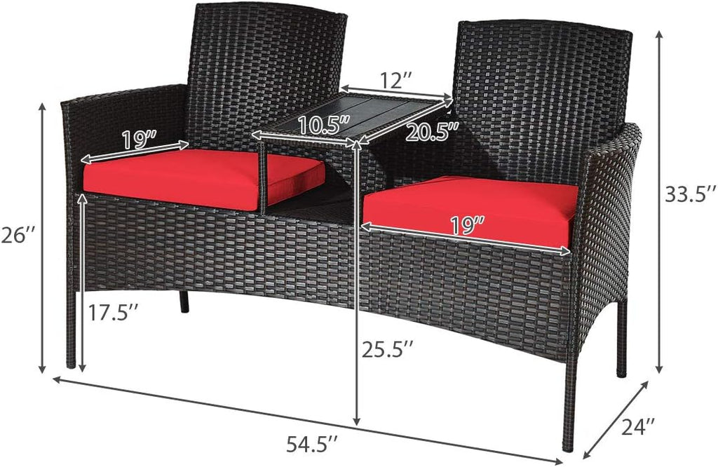 Tangkula Outdoor Rattan Loveseat, Patio Conversation Set with Cushions & Table, Modern Patented Wicker Sofa Set with Built-in Coffee Table, Rattan Sofas for Garden Lawn Backyard