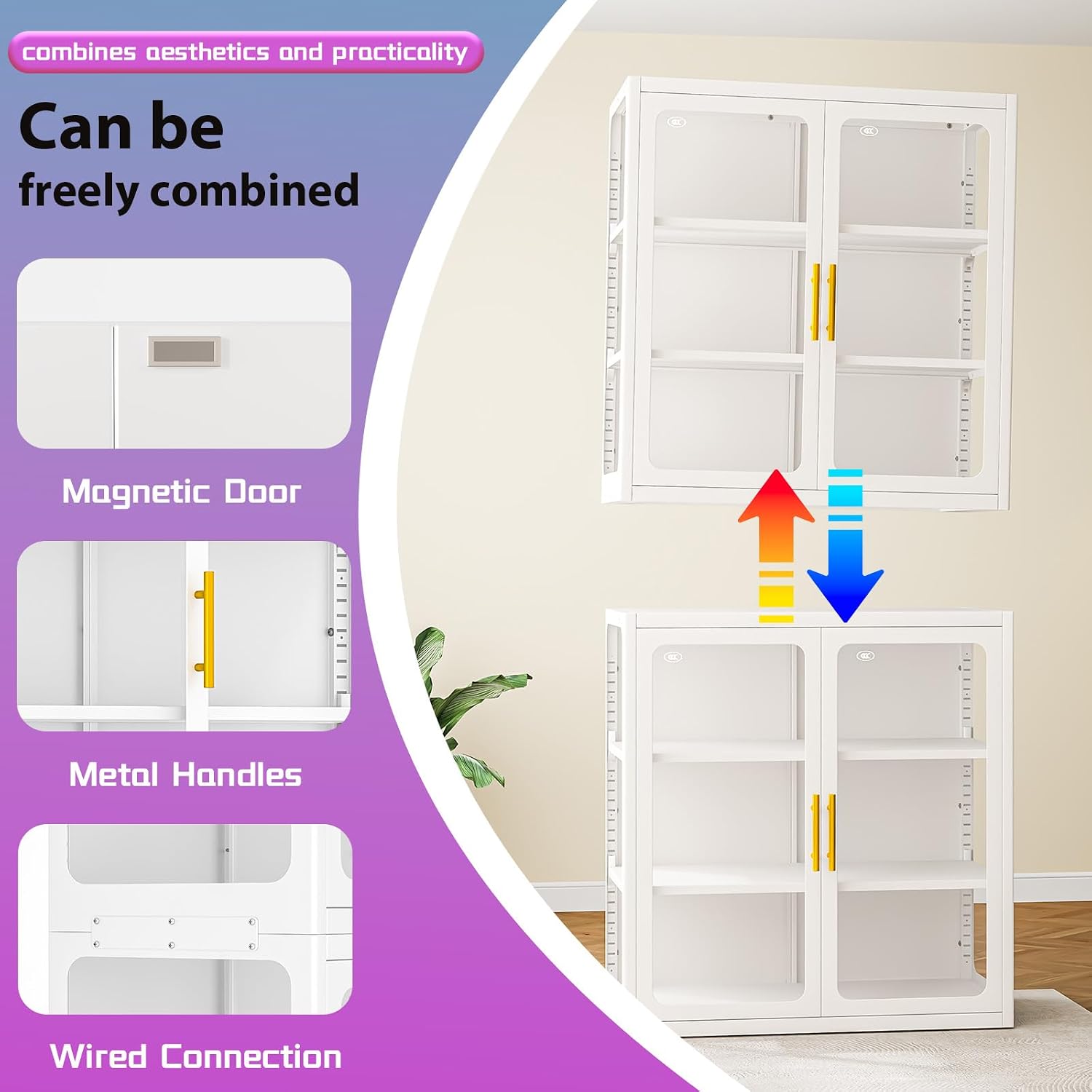 PAOFIN 34' Display Cabinet with Glass Doors, Curio Cabinet with Many Color Lights for Collectibles, Glass Display Case, Bookcase with 2 Shelves, Storage Cabinets, Assembly Required White