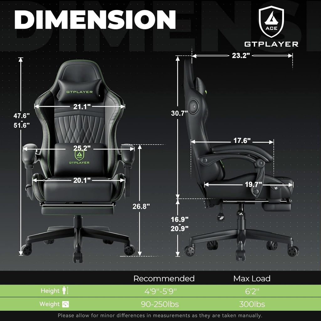 GTPLAYER ACE-PRO Music Gaming Chairs – Built-in Speakers, App Support & Bluetooth Control, Computer Game Chairs with Footrest for Adults, Ergonomic, Reclining, Linkage Armrest, Black & Green Stitch