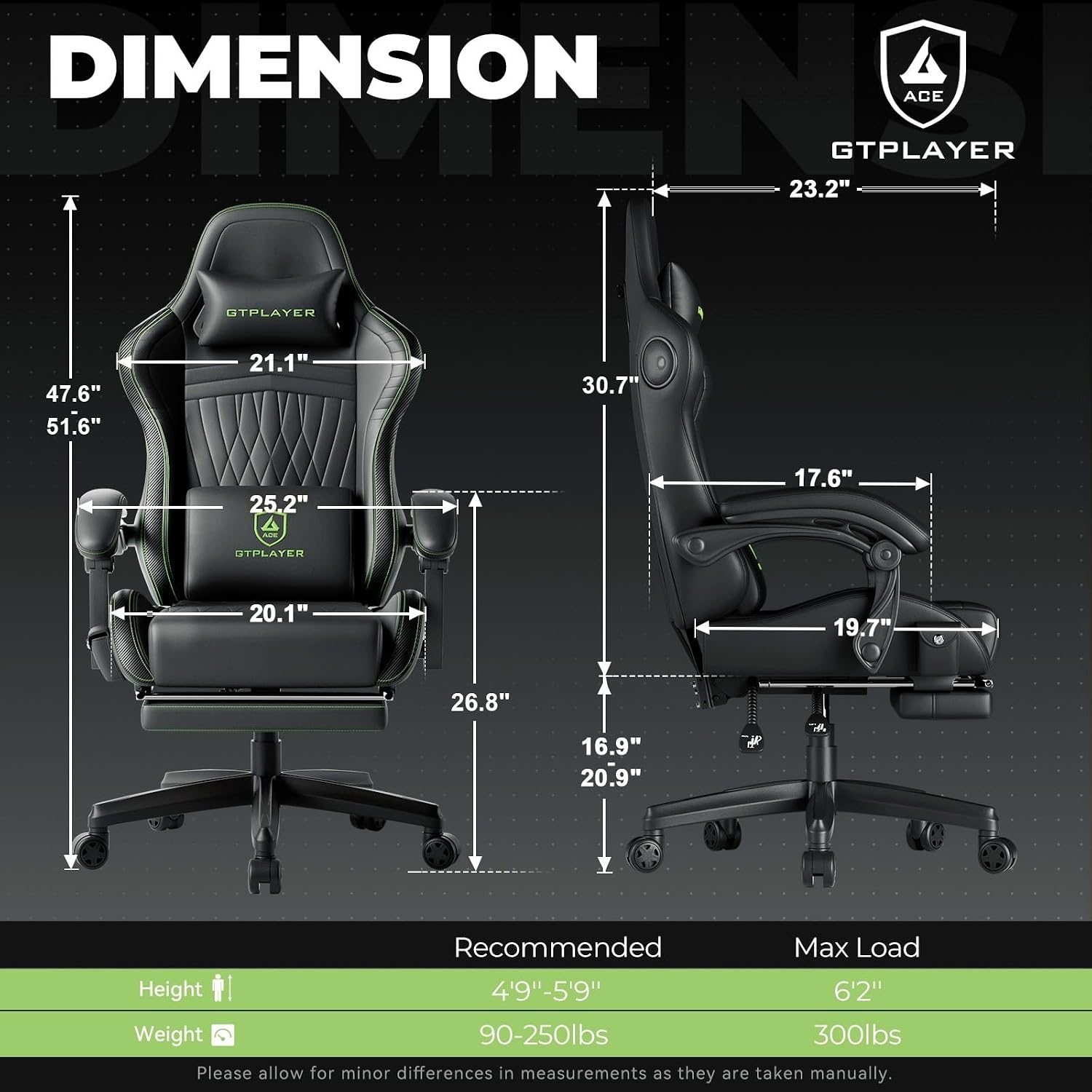 GTPLAYER ACE-PRO Music Gaming Chairs – Built-in Speakers, App Support & Bluetooth Control, Computer Game Chairs with Footrest for Adults, Ergonomic, Reclining, Linkage Armrest, Black & Green Stitch