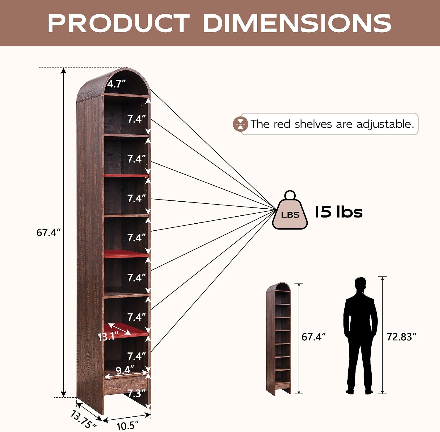 IFGET 67' Tall Arched Bookshelf, 8 Tiers Arch Bookcase with Storage, Modern Farmhouse Book Shelf with Adjustable Shelves, Wood Bookshelf w/Open Display Shelves for Living Room, Office (Brown)
