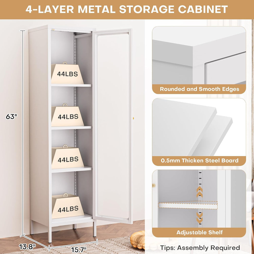Foreate Cabinet with Glass Door, 4-Tier Curio Cabinet, Glass Display Cabinet with Adjustable Shelves, Metal Storage Display Case, Tall Bookcase for Kitchen Living Room Office, White