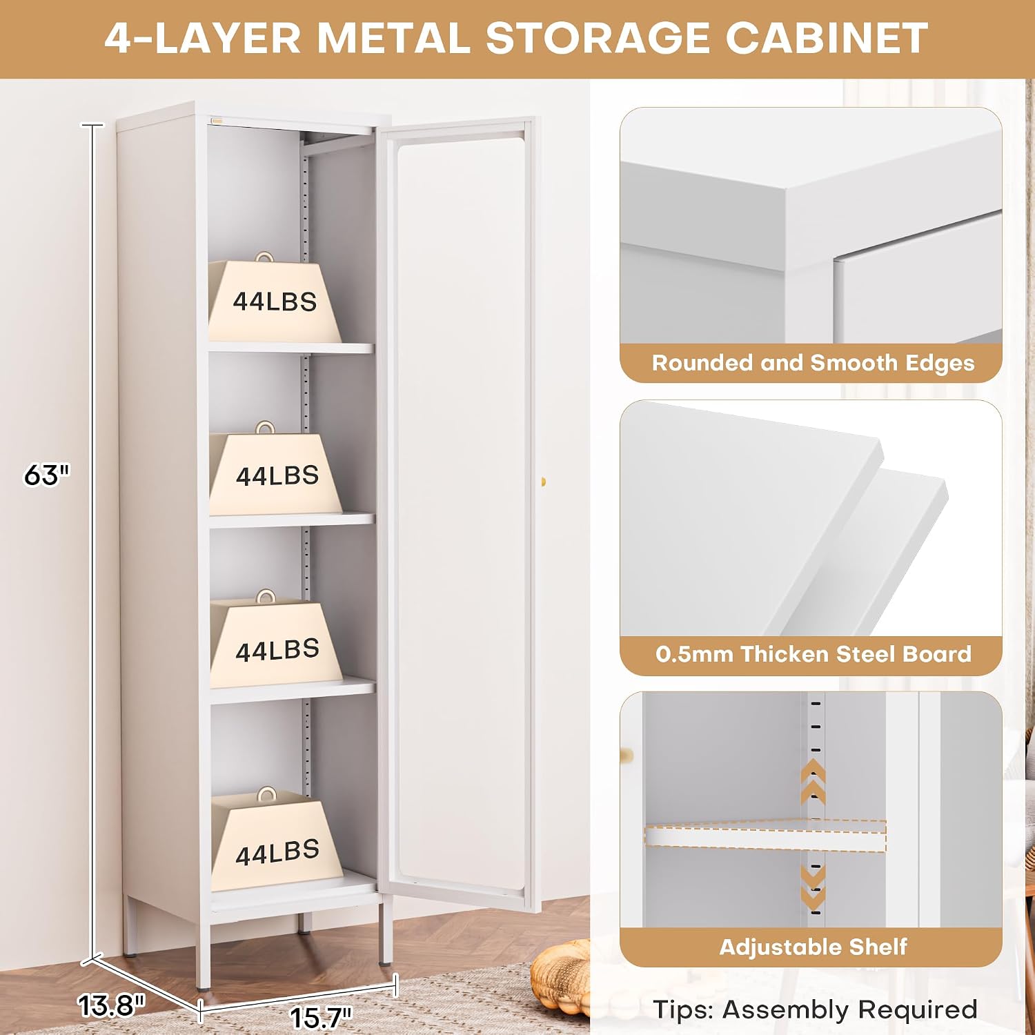Foreate Cabinet with Glass Door, 4-Tier Curio Cabinet, Glass Display Cabinet with Adjustable Shelves, Metal Storage Display Case, Tall Bookcase for Kitchen Living Room Office, White