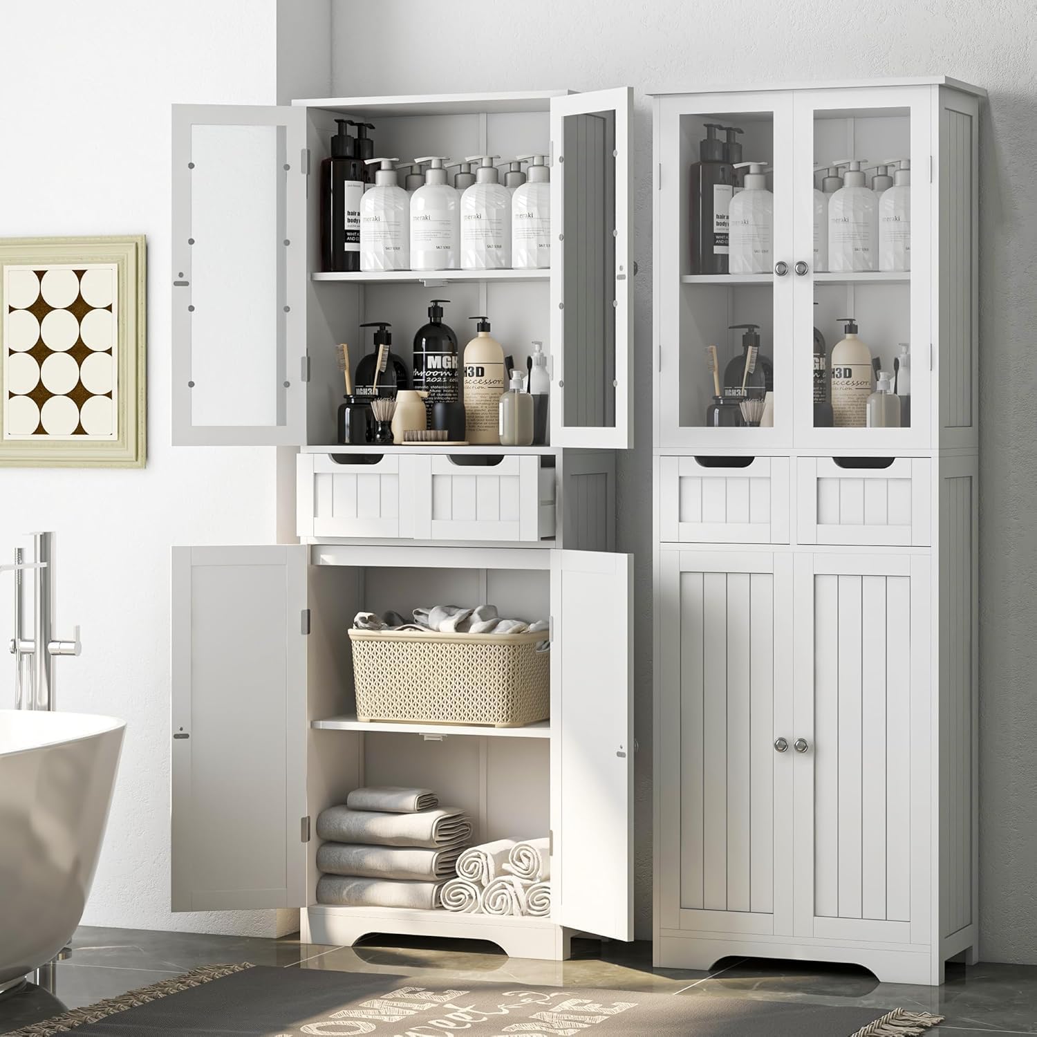 Betterhood 67' Tall Bathroom Storage Cabinet, Freestanding Linen Cabinet with Glass Doors and Shelves, Large Bathroom Pantry Cabinet with 2 Drawers for Living Room, Kitchen, Dining Room, Office, White