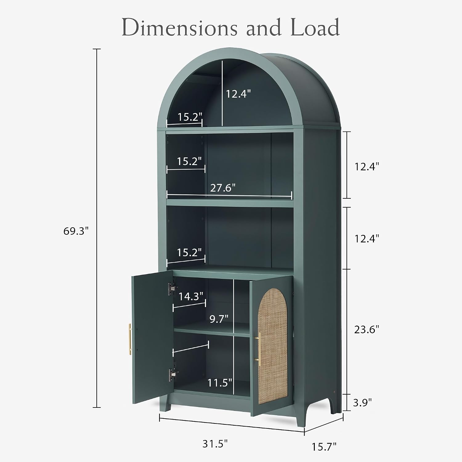 RowyPoey Rattan Arched Cabinet Bookshelf - 69.3' Tall Mid Century Display Cabinet, Rounded Bookcase with Rattan Doors, Open Shelf Storage for Dining Room (Green, 1 PC)