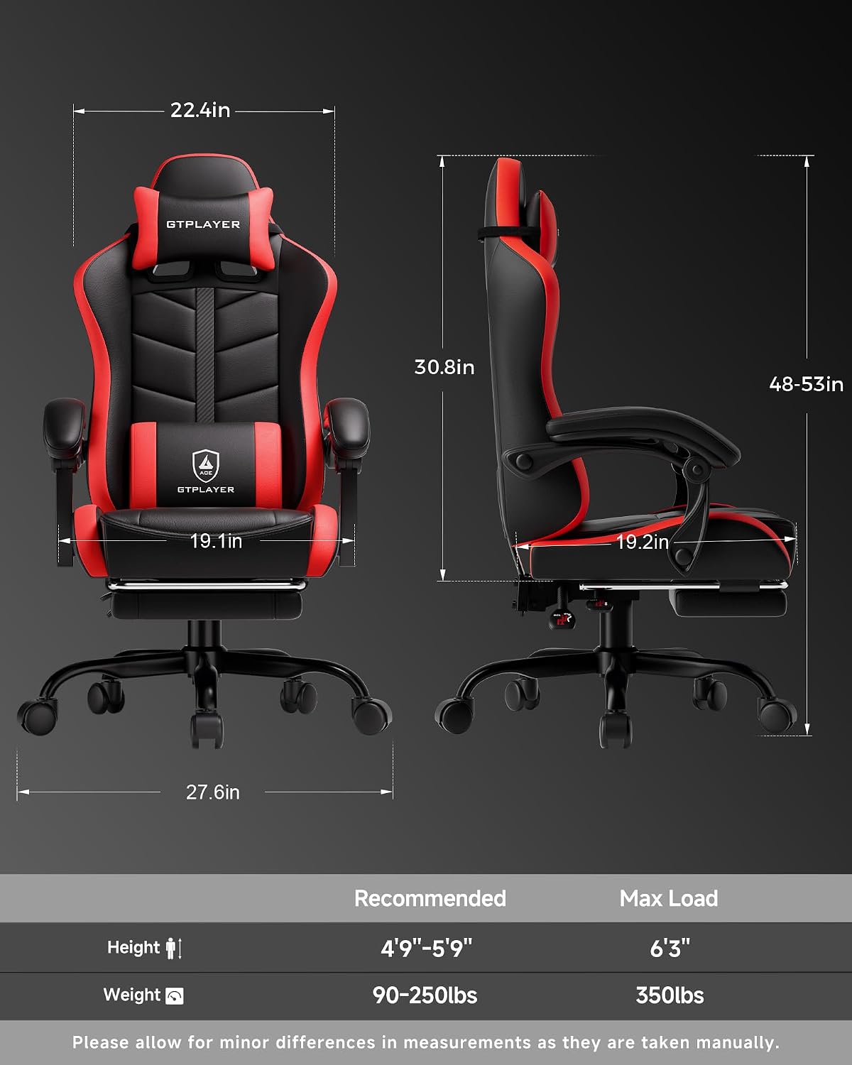 GTPLAYER Gaming Chair for Adults, Ergonomic Computer Gaming Chair with Footrest, Height Adjustable, 90-155° Recline & Removable Headrest Lumbar Support, Black&Red