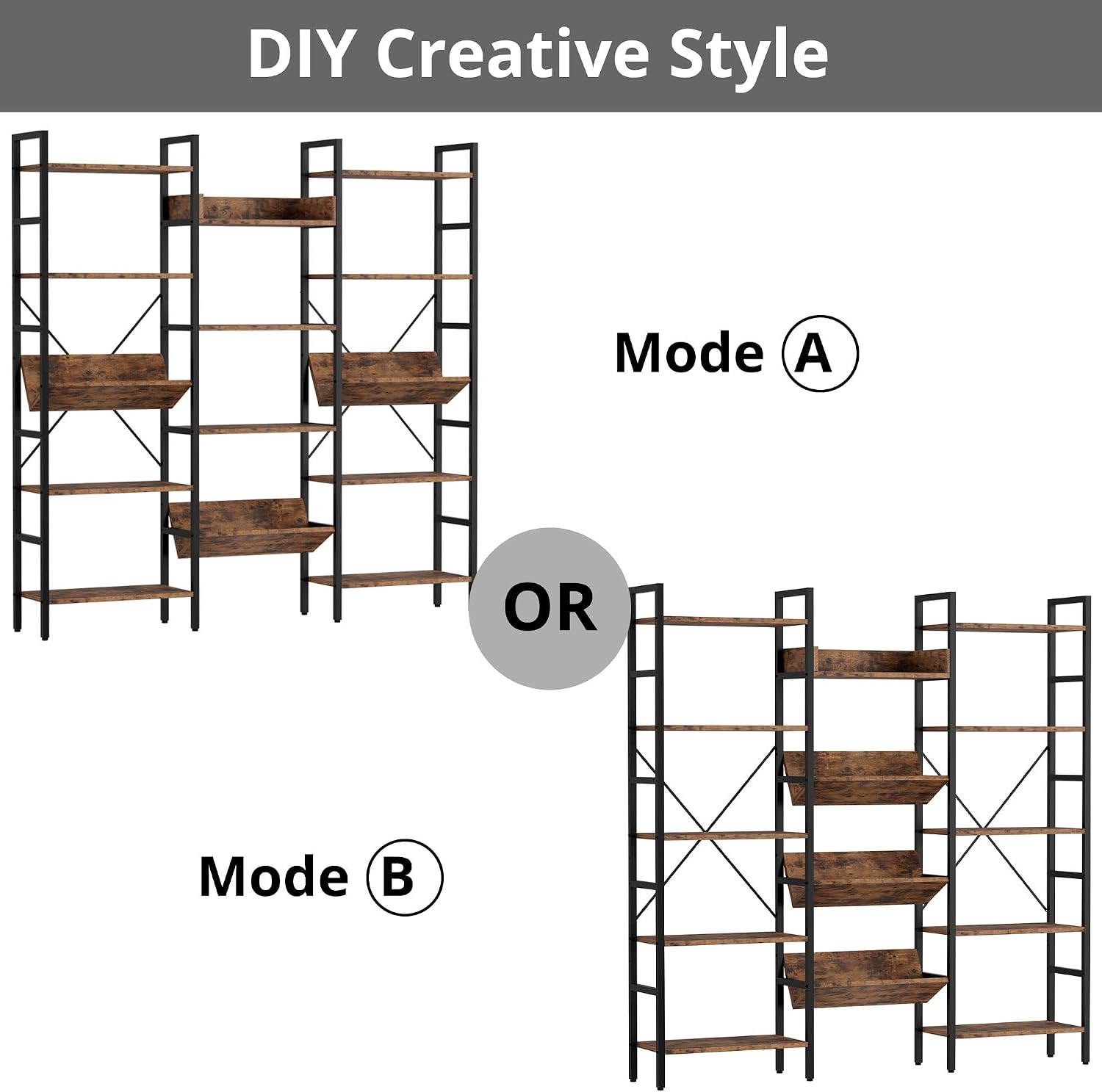 IRONCK Bookshelf, Bookshelves and Bookcases, Triple Wide 5 Tiers Book Shelf with Baffles, Industrial Bookshelf with Metal Frame for Living Room, Home Office