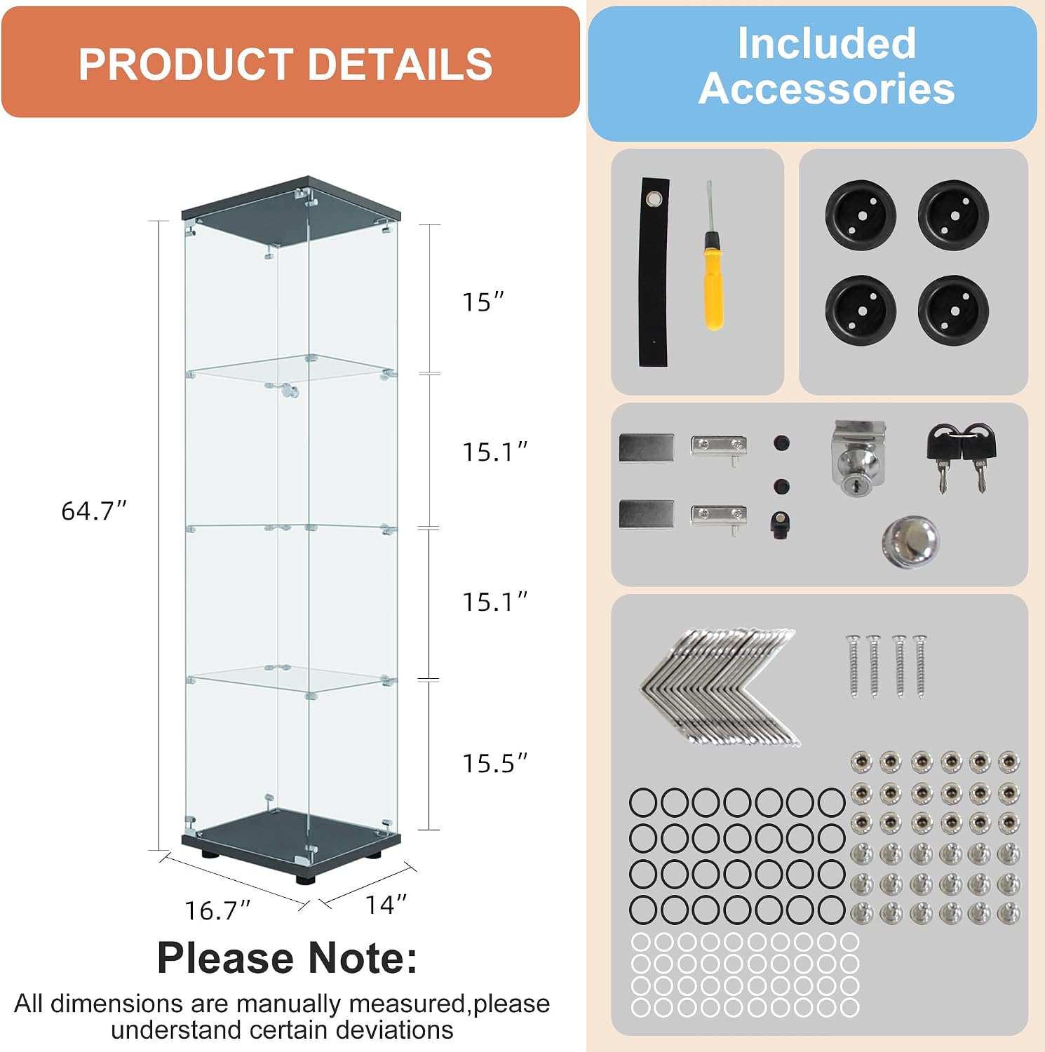 FANYUSHOW Tempered Glass Display Cabinet 4-Shelf Curio Cabinet with Security Lock 5mm Display Shelf Showcase for Living Room/Bedroom/Office- Black 64.7' H x 16.7' L x 14.37' W