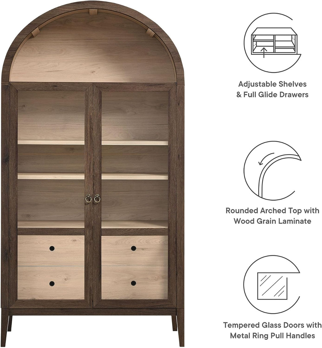 Modway Nolan Tall Arched Storage Display Cabinet in Walnut Light Oak - 74 Inch Arch Bookshelf with Glass Doors, Shelves and Drawers - Modern Accent Cabinet for Living Room, Dining Room