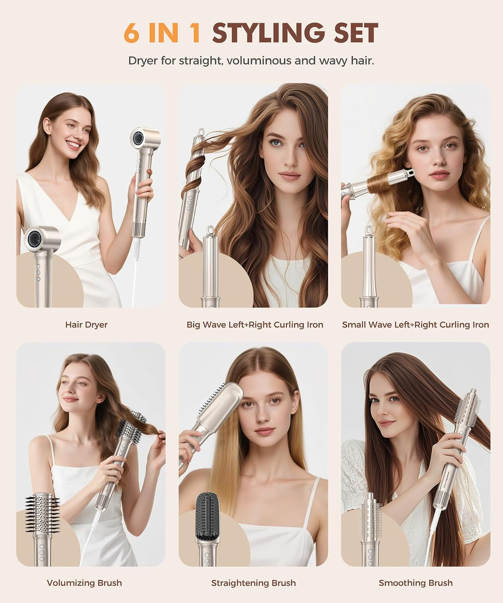 Cosy Companions 6 in-1 Hair Dryer Brush, 150,000 RPM High-Speed Negative Ionic, Blow Dryer Brush for Fast Drying, Hot Air Brush for Curling/Volumizing/Straightening with Travel Bag, Gold