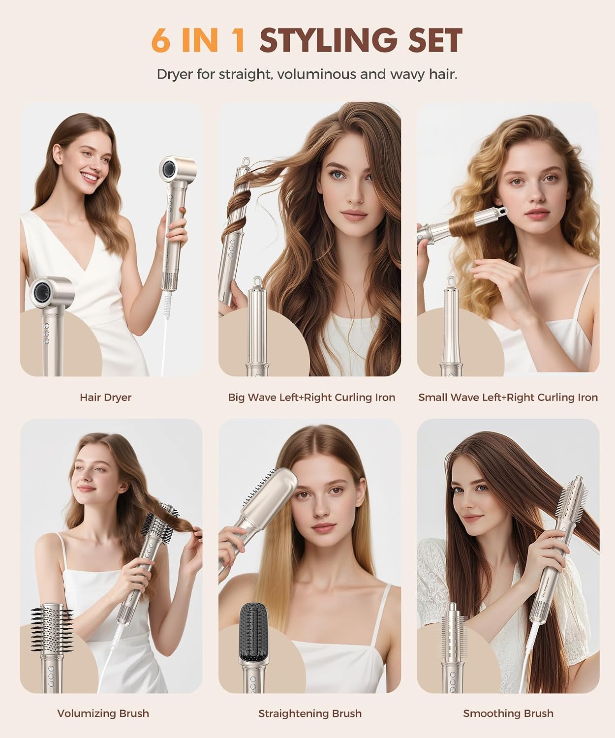 Cosy Companions 6 in-1 Hair Dryer Brush, 150,000 RPM High-Speed Negative Ionic, Blow Dryer Brush for Fast Drying, Hot Air Brush for Curling/Volumizing/Straightening with Travel Bag, Gold
