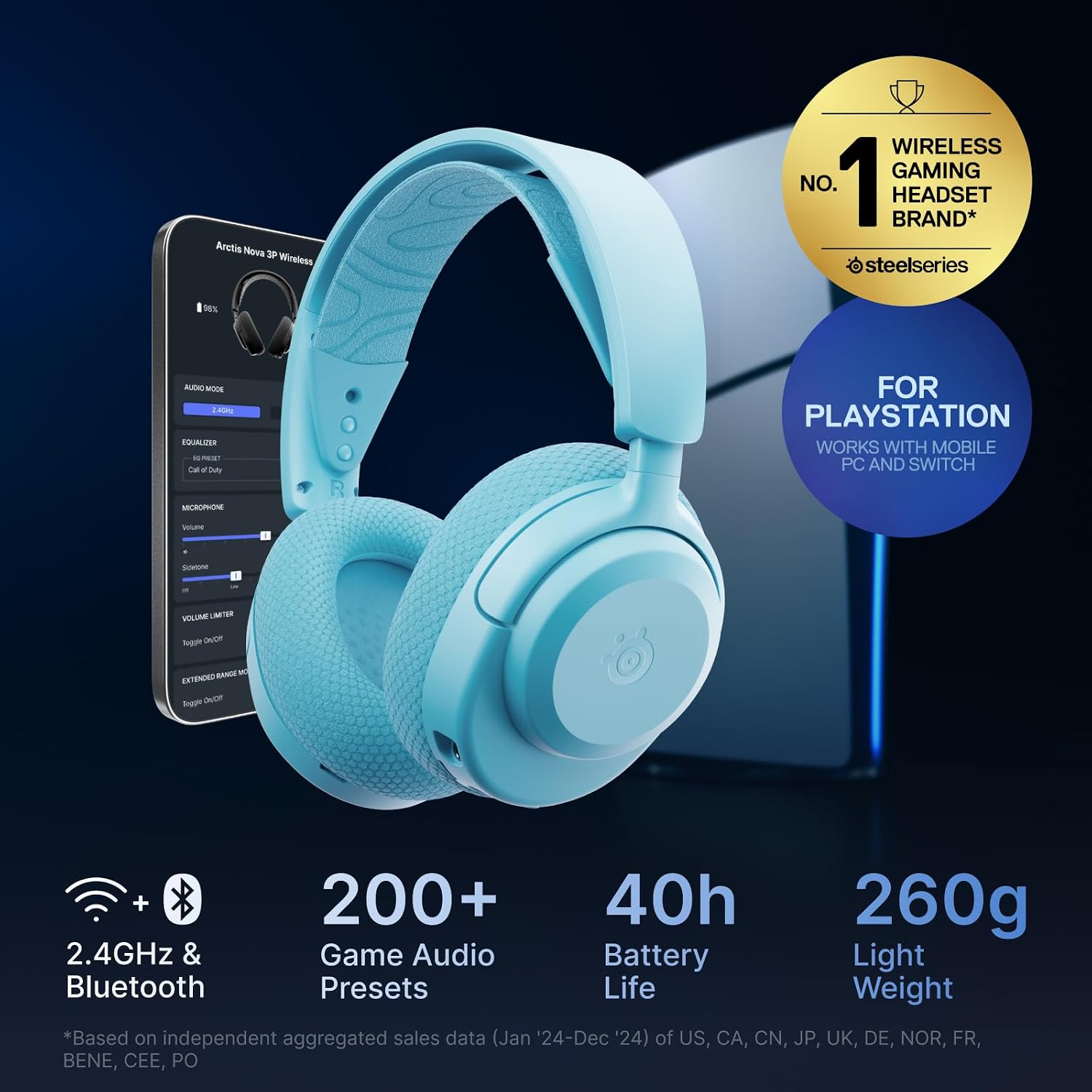 SteelSeries Arctis Nova 3P Wireless Multi-Platform Gaming Headset — Mobile App Control — 40 HR Battery — Neodymium Magnetic Drivers — 2.4GHz/Bluetooth — PS5, PS4, PC, Switch, Mobile — Aqua