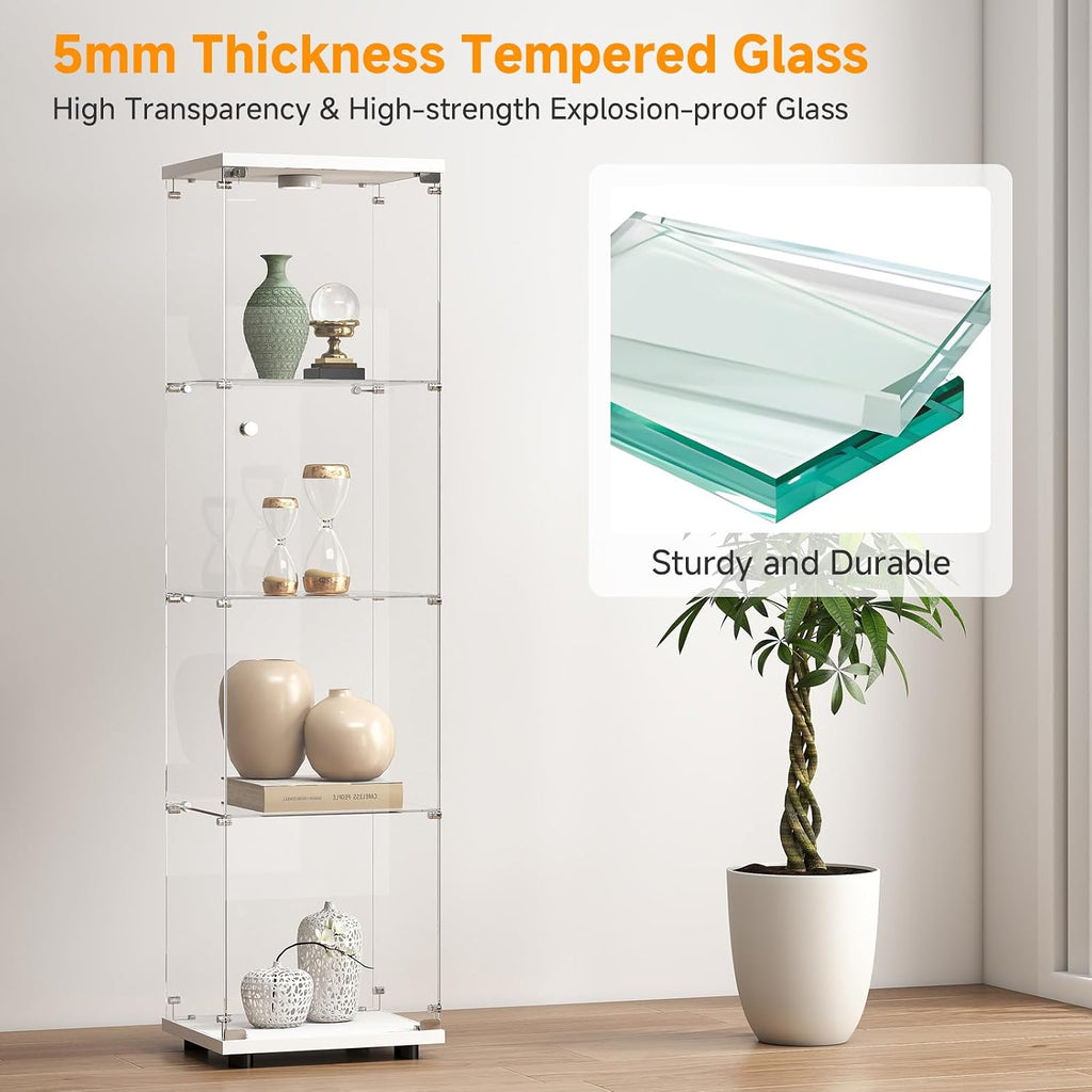 Zevemomo Tempered Glass Display Cabinet with Lights, 4-Tier Curio Cabinet with Glass Doors and Lock, Glass Display Case for Collectibles, for Living Room, Bedroom, Office, White, Single Door