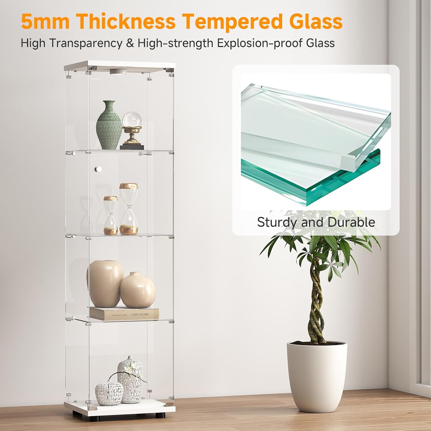 Zevemomo Tempered Glass Display Cabinet with Lights, 4-Tier Curio Cabinet with Glass Doors and Lock, Glass Display Case for Collectibles, for Living Room, Bedroom, Office, White, Single Door
