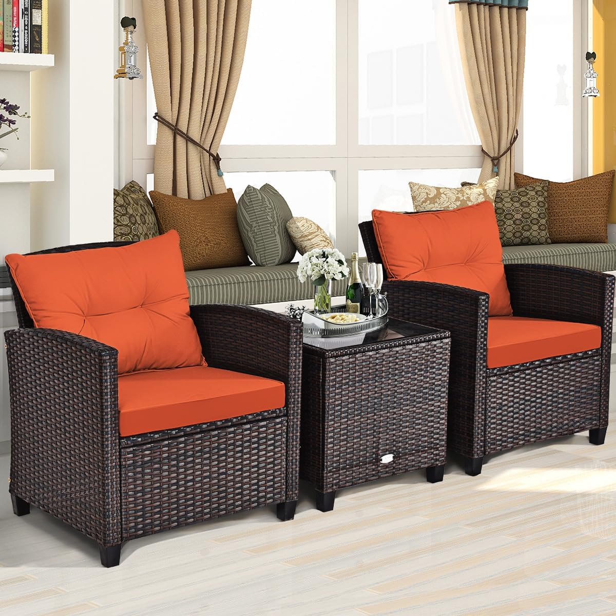 Tangkula 3 Pieces Patio Furniture Set, PE Rattan Wicker 3 Pcs Outdoor Sofa Set w/Washable Cushion and Tempered Glass Tabletop, Conversation Furniture for Garden Poolside Balcony (Orange)