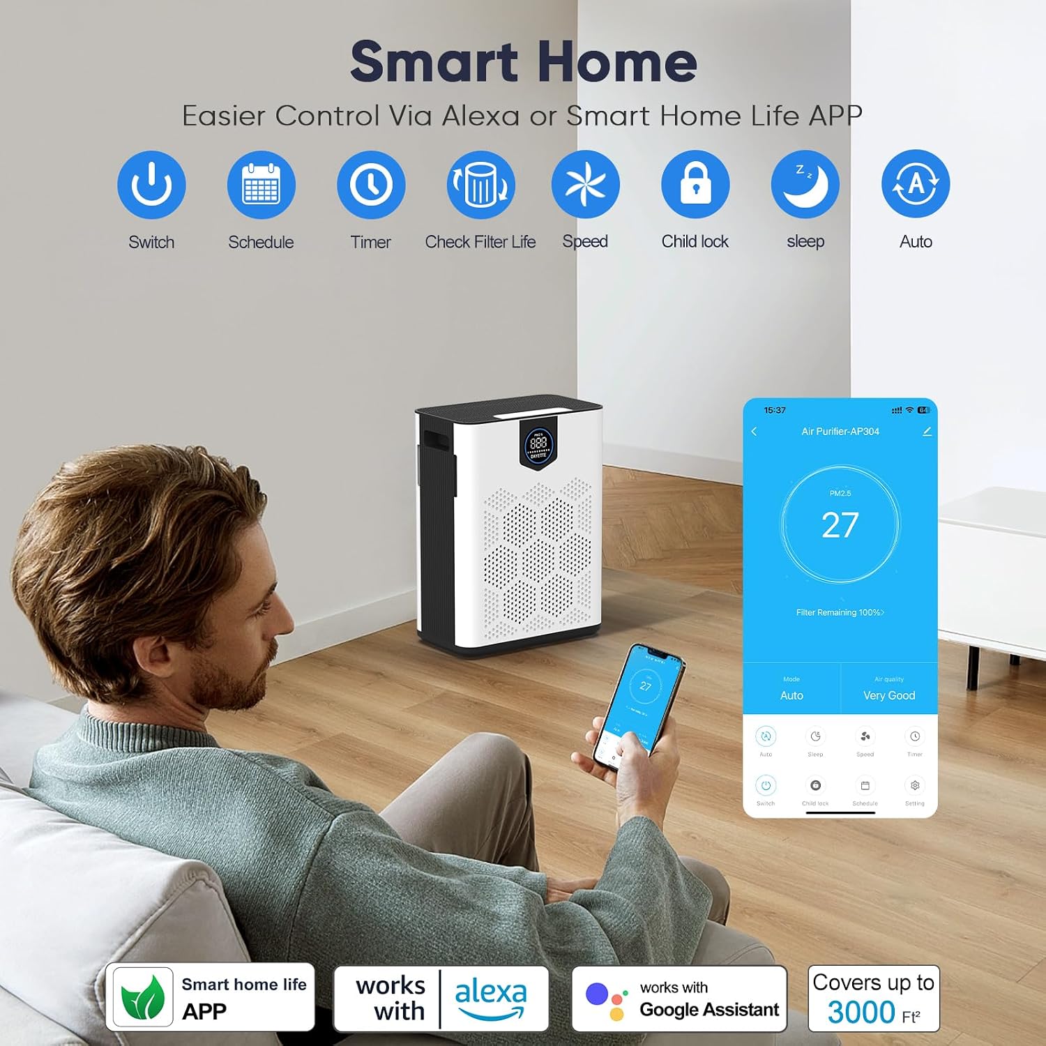 DAYETTE H14 Smart Air Purifiers for Home Large Room Up to 3000 Ft², Air Purifier with Washable Filters, APP & Alexa Control & 22 dB Sleep Mode for Bedroom Living Room
