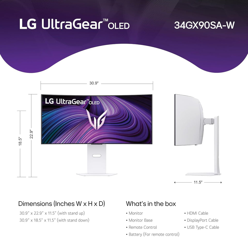 LG 34GX90SA-W 34-inch Ultragear WQHD (3440 x 1440) OLED Curved Gaming Monitor 240Hz, 1ms, NVIDIA G-Sync Compatible, AMD FreeSync Premium, VESA DisplayHDR True Black 400, webOS, USB Type-C, White
