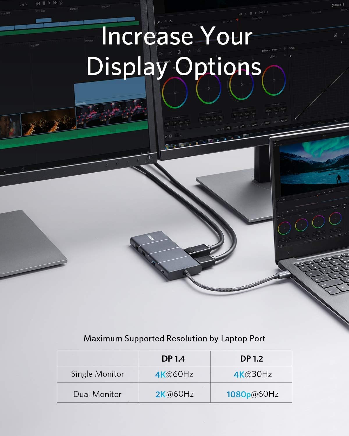 Anker USB C Hub, 11-in-1 Docking Station with 4K@60Hz HDMI and DP, 85W Power Delivery, USB-C&3 USB-A Data Ports, 1 Gbps Ethernet, 3.5mm Audio, microSD and SD Card Reader (Pack of 2)