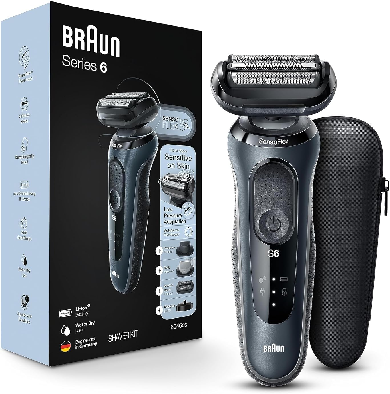 Braun Series 6 6046cs Electric Razor for Men, Wet & Dry, Electric Razor, Rechargeable, Cordless Foil Shaver with Charging Stand, Travel Case and Precision Trimmer, Black