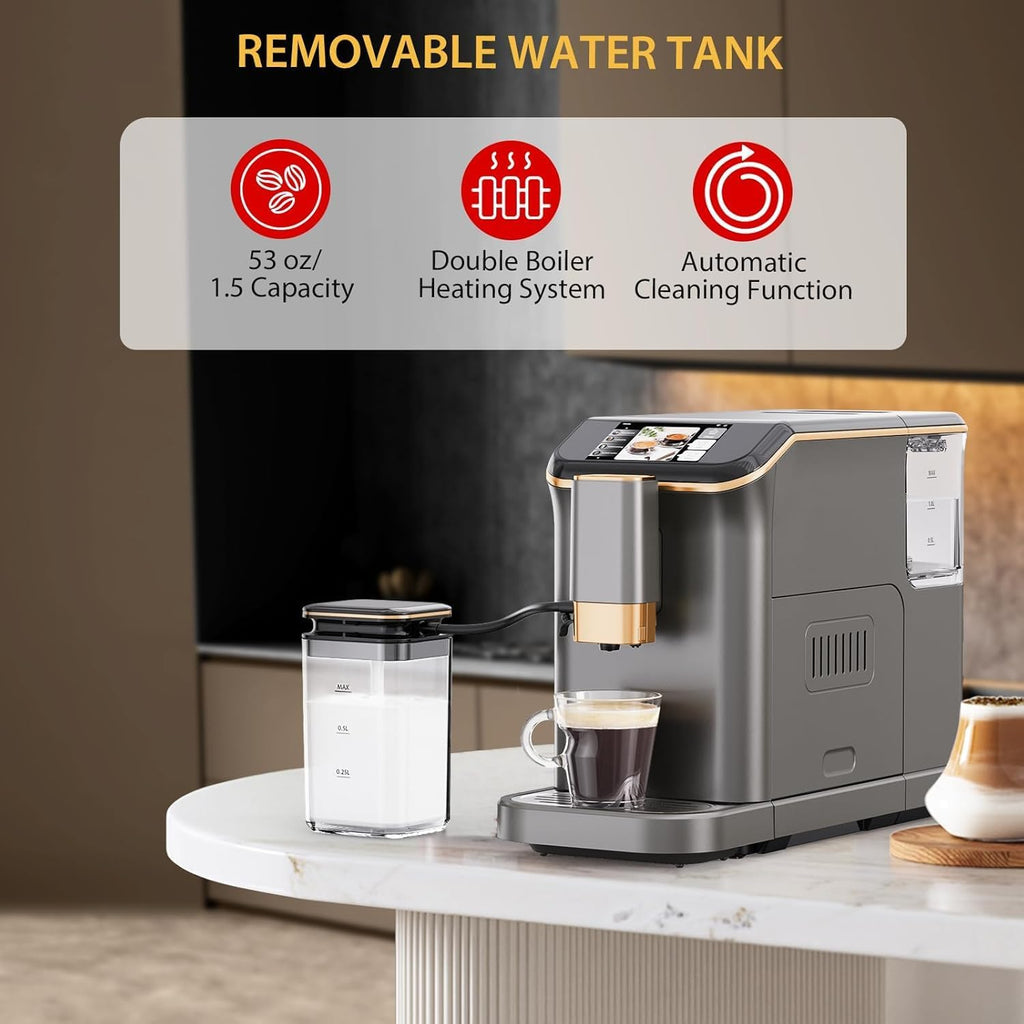 GarveeHome Espresso Machine, 20 Bar Semi Automatic Espresso Machine With Grinder and Milk Frother Wand, Professional Espresso Maker Coffee Machine With 95 oz Removable Water Tank (Grey+Gold)